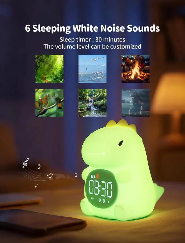 Alt view image 4 of 7 - Dinosaur Alarm Clock with Night Light, Toddler Sleep Training Clock with Sun & Moon, Sleep Sound Machine, ok to Wake Clock for Kids, Digital Alarm Clocks for Bedrooms,Gift Ideas for Kids Child