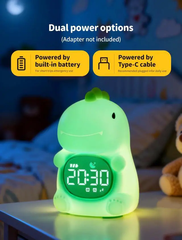 Alt view image 6 of 7 - Dinosaur Alarm Clock with Night Light, Toddler Sleep Training Clock with Sun & Moon, Sleep Sound Machine, ok to Wake Clock for Kids, Digital Alarm Clocks for Bedrooms,Gift Ideas for Kids Child