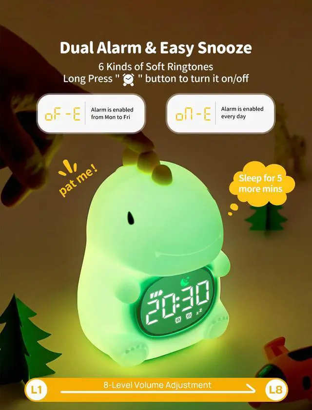 Alt view image 7 of 7 - Dinosaur Alarm Clock with Night Light, Toddler Sleep Training Clock with Sun & Moon, Sleep Sound Machine, ok to Wake Clock for Kids, Digital Alarm Clocks for Bedrooms,Gift Ideas for Kids Child