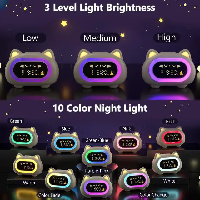 Alt view image 4 of 7 - Alarm Clock for Kids, Ok to Wake Clock for Kids with Eye Protection Sleep Training Auto Off Feature 10 Night Light Dual Alarm, Kids Alarm Clock Cute Cat Gifts for Girls