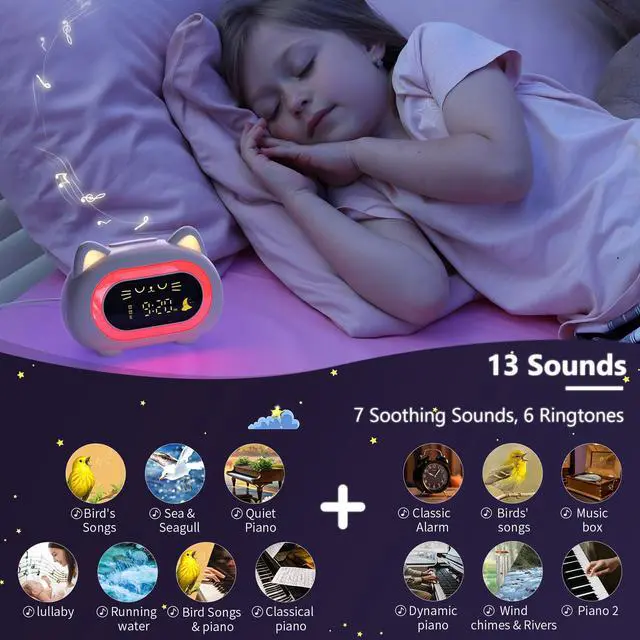 Alt view image 5 of 7 - Alarm Clock for Kids, Ok to Wake Clock for Kids with Eye Protection Sleep Training Auto Off Feature 10 Night Light Dual Alarm, Kids Alarm Clock Cute Cat Gifts for Girls