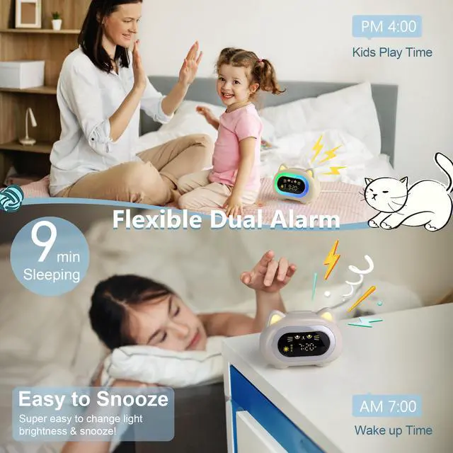 Alt view image 6 of 7 - Alarm Clock for Kids, Ok to Wake Clock for Kids with Eye Protection Sleep Training Auto Off Feature 10 Night Light Dual Alarm, Kids Alarm Clock Cute Cat Gifts for Girls