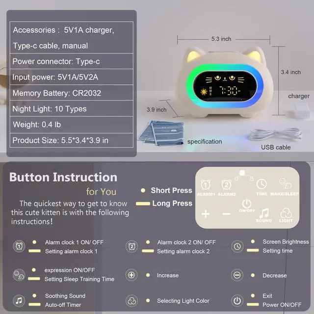 Alt view image 7 of 7 - Alarm Clock for Kids, Ok to Wake Clock for Kids with Eye Protection Sleep Training Auto Off Feature 10 Night Light Dual Alarm, Kids Alarm Clock Cute Cat Gifts for Girls