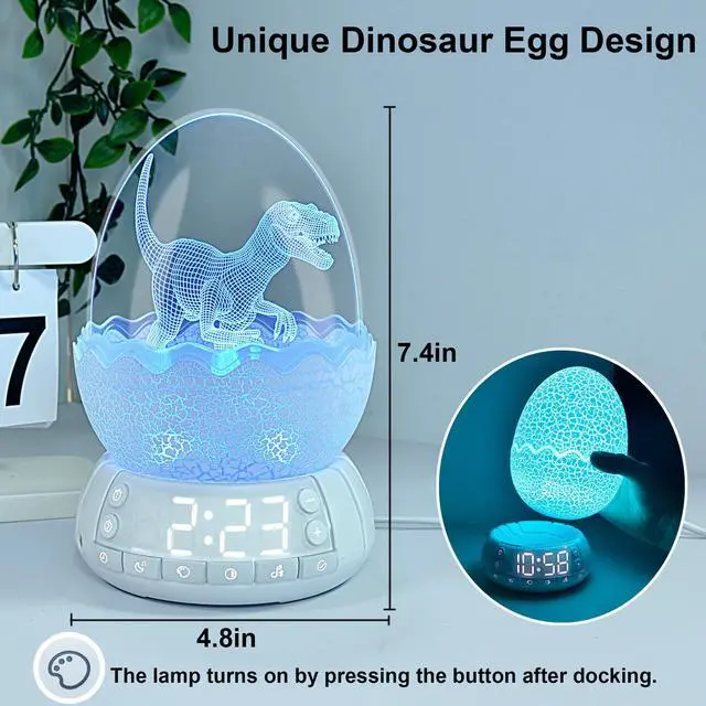 Alt view image 2 of 7 - Dinosaur Egg Alarm Clock for Kids, Wake Up Light, Bluetooth Speaker, Sleep Training Clock with 20 Soothing Sounds & 8 Color LED Decor Night Light for Bedroom, Birthday Gift for Boys Girls Children