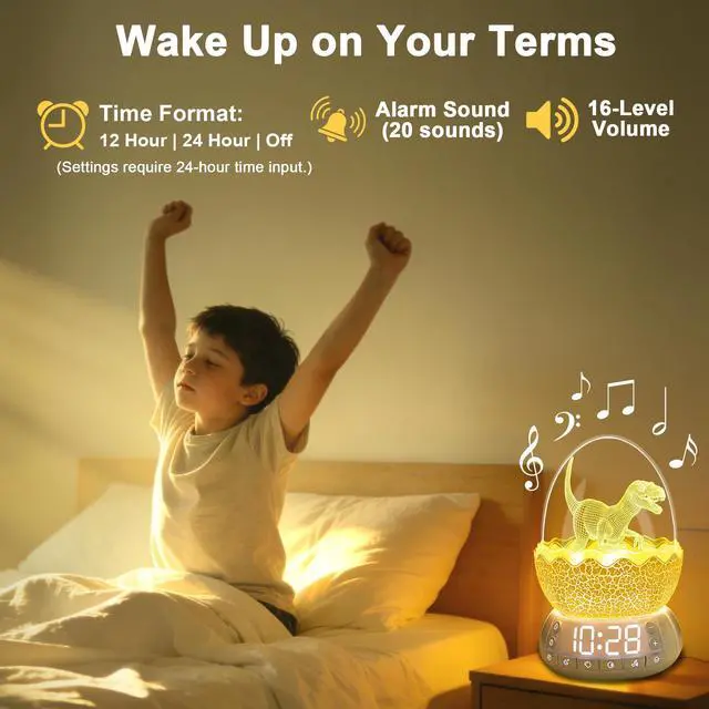 Alt view image 4 of 7 - Dinosaur Egg Alarm Clock for Kids, Wake Up Light, Bluetooth Speaker, Sleep Training Clock with 20 Soothing Sounds & 8 Color LED Decor Night Light for Bedroom, Birthday Gift for Boys Girls Children