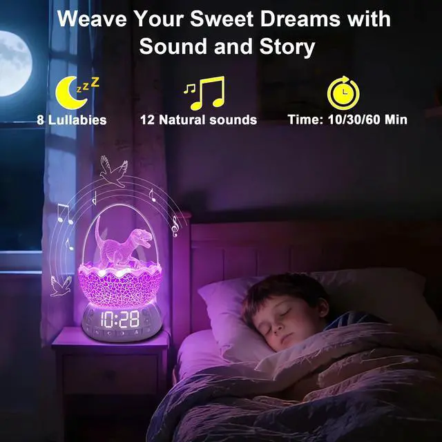 Alt view image 5 of 7 - Dinosaur Egg Alarm Clock for Kids, Wake Up Light, Bluetooth Speaker, Sleep Training Clock with 20 Soothing Sounds & 8 Color LED Decor Night Light for Bedroom, Birthday Gift for Boys Girls Children