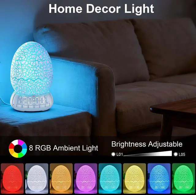 Alt view image 6 of 7 - Dinosaur Egg Alarm Clock for Kids, Wake Up Light, Bluetooth Speaker, Sleep Training Clock with 20 Soothing Sounds & 8 Color LED Decor Night Light for Bedroom, Birthday Gift for Boys Girls Children