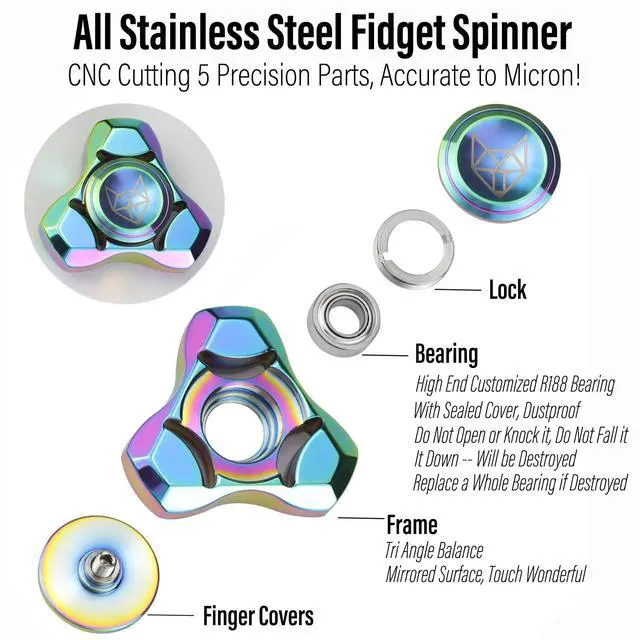 Alt view image 3 of 7 - Metal Fidget Spinner for Adults, Stainless Steel Heavy Spinning Toys, Small Mini Fox Hand Gyro, Bearing Premium Long High Spin Fidget Block, Rainbow
