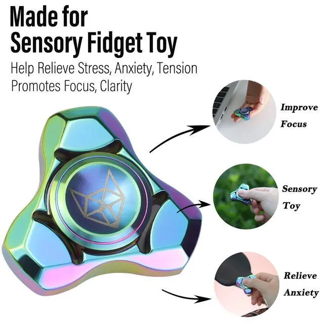 Alt view image 5 of 7 - Metal Fidget Spinner for Adults, Stainless Steel Heavy Spinning Toys, Small Mini Fox Hand Gyro, Bearing Premium Long High Spin Fidget Block, Rainbow