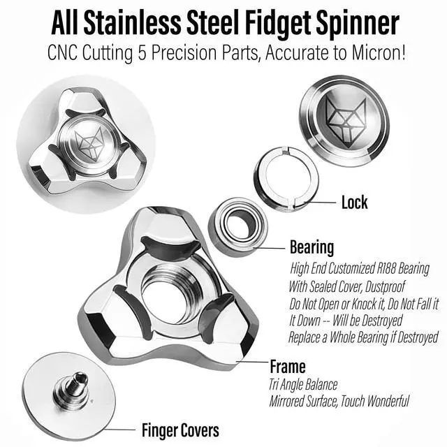 Alt view image 3 of 7 - Metal Fidget Spinner for Adults, Stainless Steel Heavy Spinning Toys, Small Mini Fox Hand Gyro, Bearing Premium Long High Spin Fidget Block, Silver