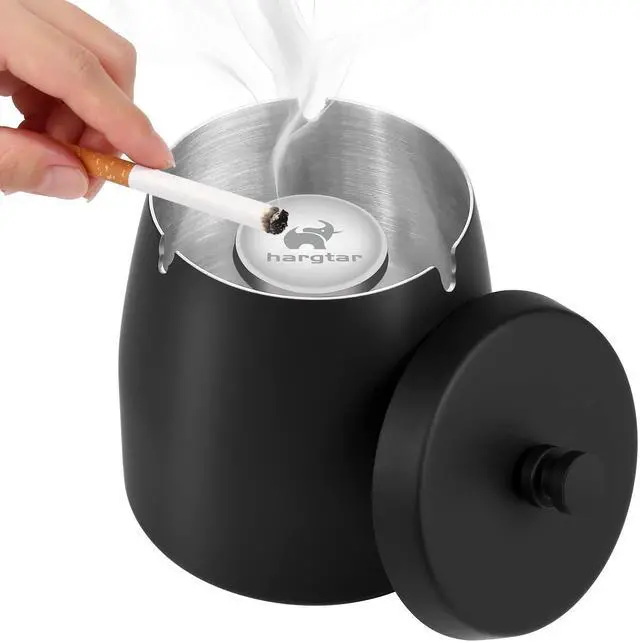 Main image of Outdoor Ashtray with Lid, Ashtrays for Cigarettes Outdoor, Ash Tray Sets for Cigarettes for Patio, Stainless Steel Windproof Ashtrays Covered Metal, Black Ashtray, Small