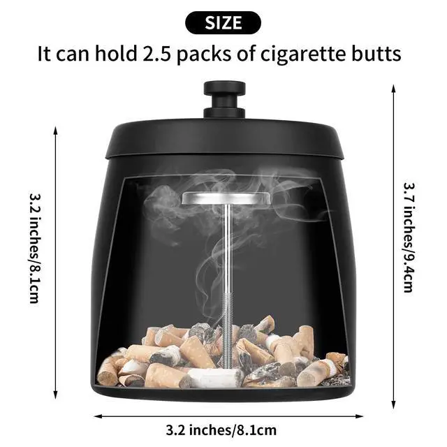 Alt view image 2 of 6 - Outdoor Ashtray with Lid, Ashtrays for Cigarettes Outdoor, Ash Tray Sets for Cigarettes for Patio, Stainless Steel Windproof Ashtrays Covered Metal, Black Ashtray, Small
