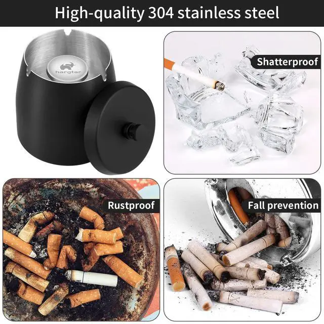 Alt view image 3 of 6 - Outdoor Ashtray with Lid, Ashtrays for Cigarettes Outdoor, Ash Tray Sets for Cigarettes for Patio, Stainless Steel Windproof Ashtrays Covered Metal, Black Ashtray, Small