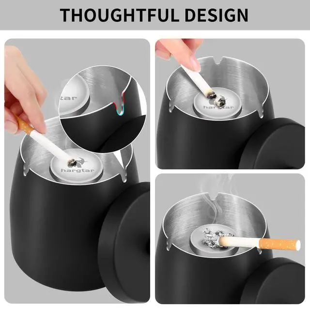 Alt view image 5 of 6 - Outdoor Ashtray with Lid, Ashtrays for Cigarettes Outdoor, Ash Tray Sets for Cigarettes for Patio, Stainless Steel Windproof Ashtrays Covered Metal, Black Ashtray, Small