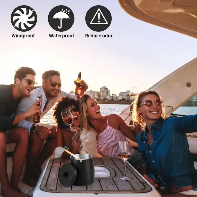 Alt view image 6 of 6 - Outdoor Ashtray with Lid, Ashtrays for Cigarettes Outdoor, Ash Tray Sets for Cigarettes for Patio, Stainless Steel Windproof Ashtrays Covered Metal, Black Ashtray, Small