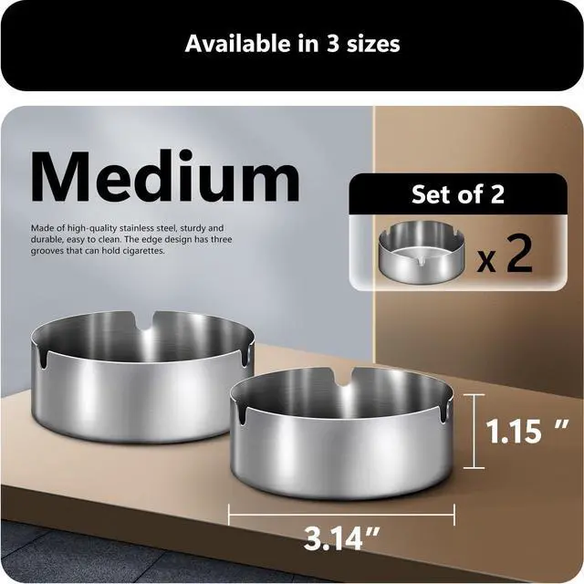 Alt view image 2 of 6 - Ash Tray (2 Pack), Outdoor Ashtray for Outside Patio, Stainless Steel Ashtrays for Cigarettes with 3 Holder, Smoking Accessories, Home Décor, Ashtrays for Smokers Indoor - Silver, Medium