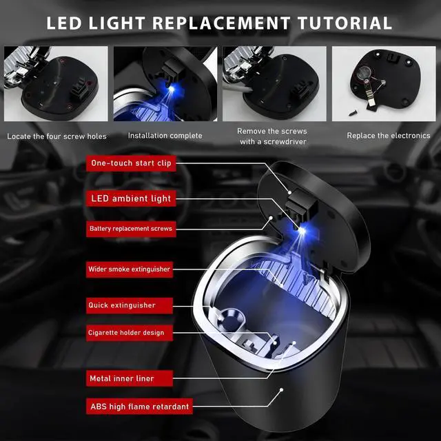 Alt view image 6 of 6 - Car Ashtray with Lid, Smell Proof Detachable Ash Tray with LED Blue Light, Portable Mini Trash Can for car Cup Holder, Waterproof Stainless Steel Ashtray for Car Home Office