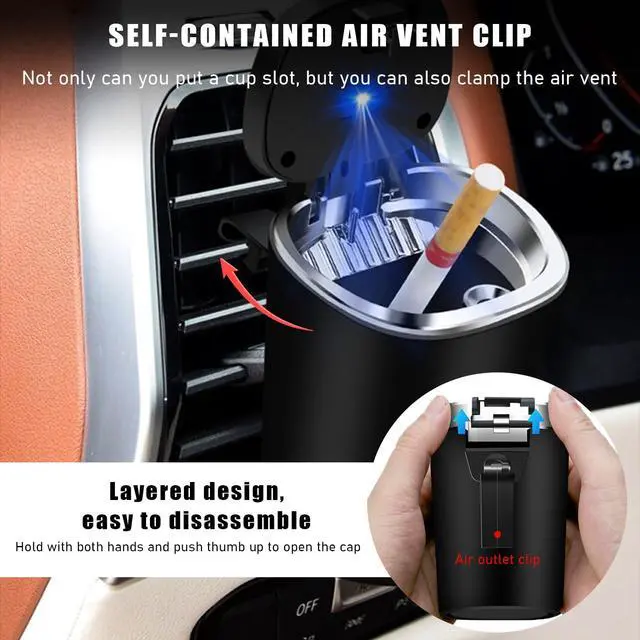 Alt view image 4 of 6 - Car Ashtray with Lid, Smell Proof Detachable Ash Tray with LED Blue Light, Portable Mini Trash Can for car Cup Holder, Waterproof Stainless Steel Ashtray for Car Home Office
