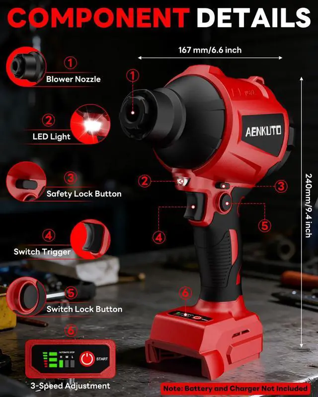 Alt view image 7 of 7 - Cordless Compressed Air Duster & Blower Compatible with Milwaukee 18V Battery Brushless Handheld Dust Air Blower, 3-Speed Control, 7-in-1 Nozzles, Portable Inflatable Pump for Camping (No Battery)