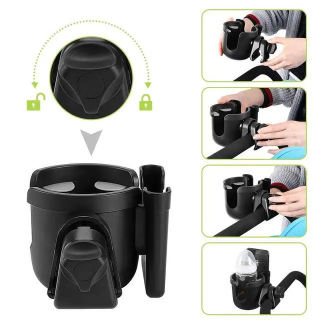 Alt view image 5 of 7 - Stroller Cup Holder with Phone Holder, Bike Cup Holder, Universal Cup Holder for Uppababy Nuna Doona Strollers, 2-in-1 Cup Holder for Walker, Wheelchair, Scooter