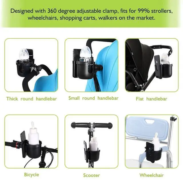 Alt view image 7 of 7 - Stroller Cup Holder with Phone Holder, Bike Cup Holder, Universal Cup Holder for Uppababy Nuna Doona Strollers, 2-in-1 Cup Holder for Walker, Wheelchair, Scooter