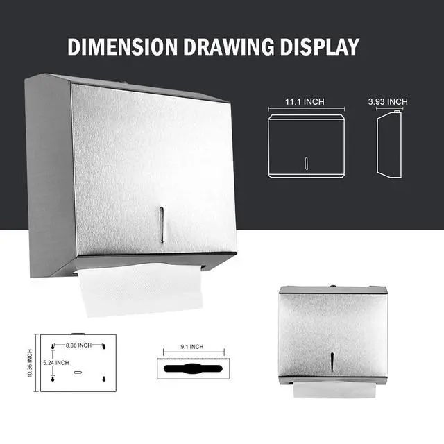 Alt view image 2 of 7 - Wall-Mounted Comercial Paper Towel Dispenser, Brushed Stainless Steel Bathroom Hand Towel Dispenser with Lock Design, Large Capacity 250 C-Fold 300 Multi-Fold Capacity