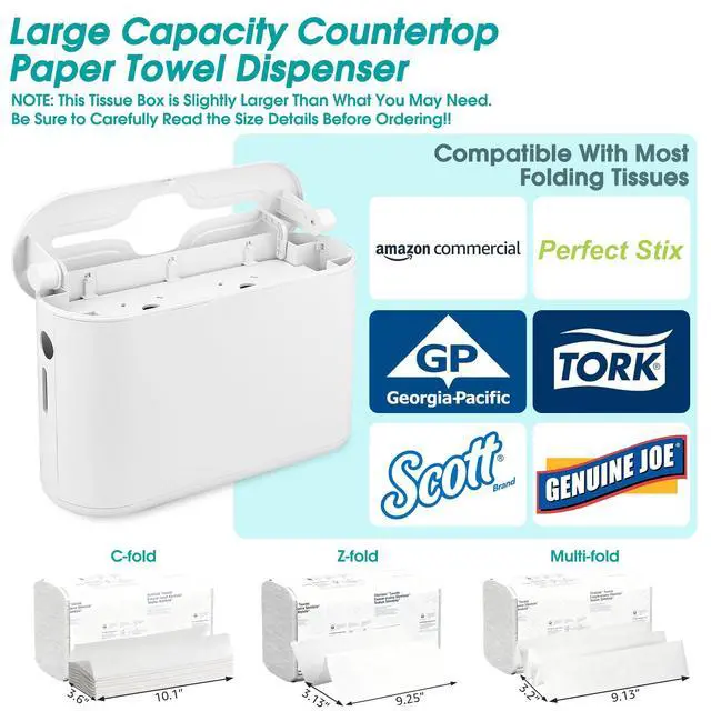 Alt view image 7 of 7 - Multifold Paper Towel Dispenser Countertop, Commercial Hand Towel Dispenser for Bathroom Kitchen Home, Trifold/C Fold/Z Fold Napkin Dispenser, Abs Plastic - Non-Slip, White