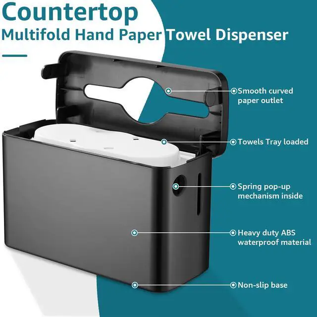 Alt view image 6 of 7 - Multifold Paper Towel Dispenser Countertop, Heavy Duty Wide-Design, 300-Sheet Large Capacity Black Paper Towel Holder, Compatible with Tork, Kleenex, Scott, Pacific Multifold Towels