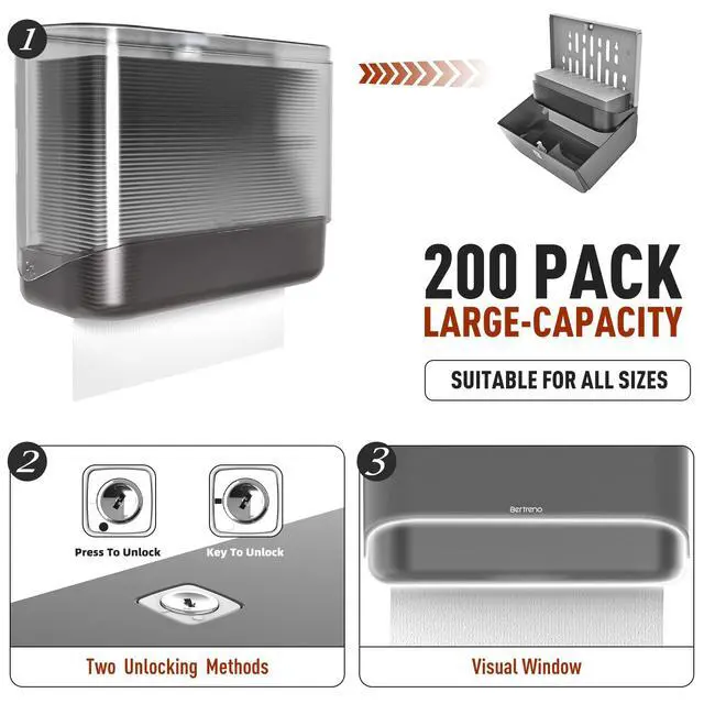 Alt view image 3 of 7 - Wall Mount Paper Towel Dispenser, Multifold Paper Towels Dispenser with Key Lock Commercial Hand Paper Towel Holder for Bathroom (Gray)