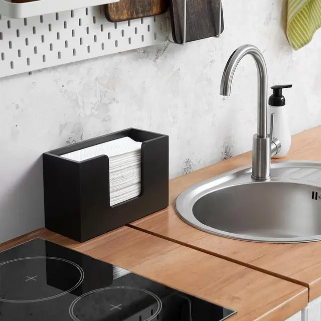 Alt view image 6 of 7 - Paper Towel Dispenser Countertop, Wooden Bathroom Paper Towel Holder, Black Napkin Holder for Kitchen, Countertop Multifold C-Fold, Z-Fold, Trifold Paper Hand Towel Dispenser for Bathroom Toilet