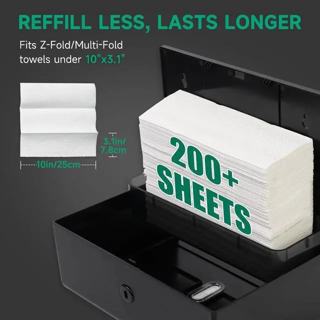 Alt view image 2 of 7 - Wall-Mounted Paper Towel Dispenser Fits Tri-Fold Towels up to 10x3.1 Inches, Holds 200 Sheets, Ideal for Home & Commercial Use (Black)