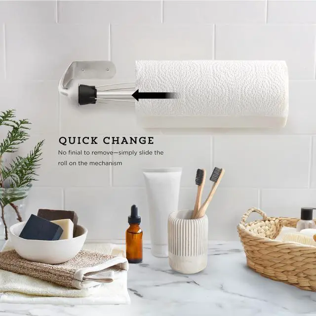 Alt view image 7 of 7 - Perfect Tear Wall Mount Paper Towel Holder, Patented Design for One-Handed Use, Rounded Finial, 14-Inch, Brushed Silver Metal Finish