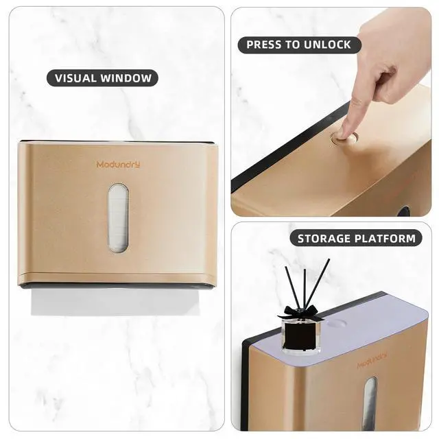 Alt view image 5 of 7 - Paper Towel Dispensers Wall Mount: Multifold Z-Fold Paper Towel Holder, No Drilling Install, Compact Hand Towel Dispenser for Home Bathroom, Restroom, Office, Gold