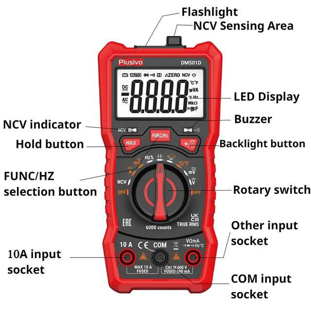 Alt view image 7 of 7 - Multimeter 6000 Counts Digital Multimeter Auto Ranging TRMS AC DC Voltmeter Ohm Volt Amp NCV Diode Tester; Measures Voltage Current Resistance Temperature Frequency Buzzer with Test Leads, Probes