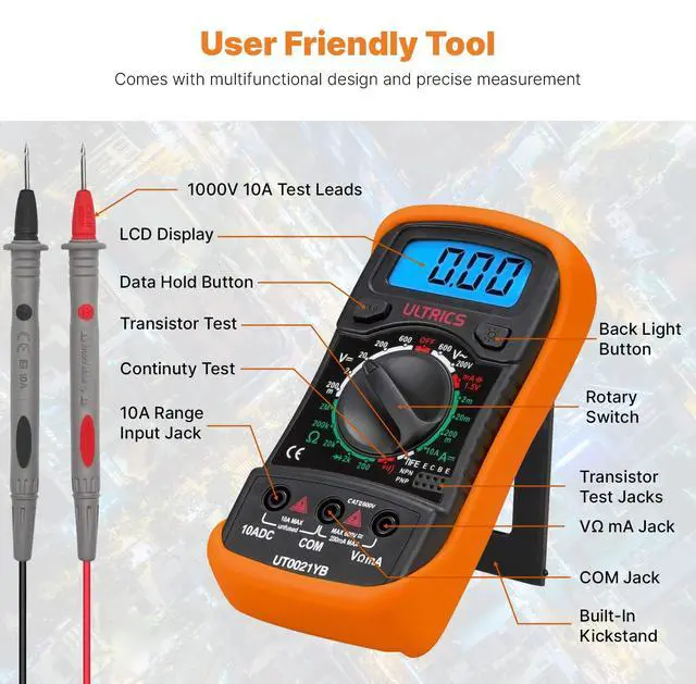Alt view image 2 of 7 - Digital Multimeter, Voltmeter Ammeter Ohmmeter Circuit Checker with Backlight LCD Test Leads, Portable Multi Tester Measures OHM AC DC Voltage Current Resistance Continuity Diodes Transistor
