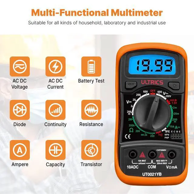 Alt view image 3 of 7 - Digital Multimeter, Voltmeter Ammeter Ohmmeter Circuit Checker with Backlight LCD Test Leads, Portable Multi Tester Measures OHM AC DC Voltage Current Resistance Continuity Diodes Transistor