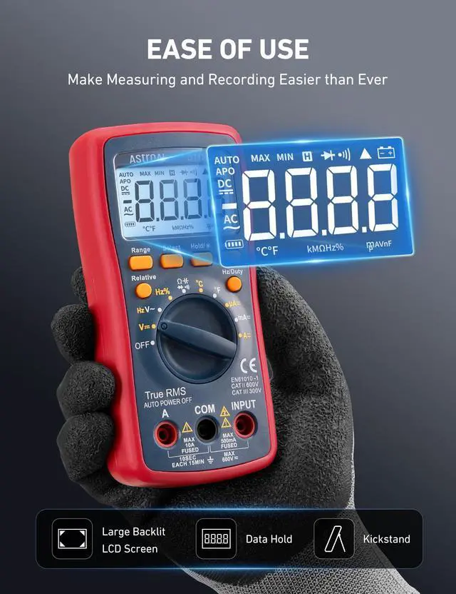 Alt view image 6 of 7 - Digital Multimeter, 4000 Counts Volt Meter (Manual and Auto Ranging); Measures Voltage Tester, Current, Resistance, Continuity, Frequency; Tests Diodes, Temperature (Red)