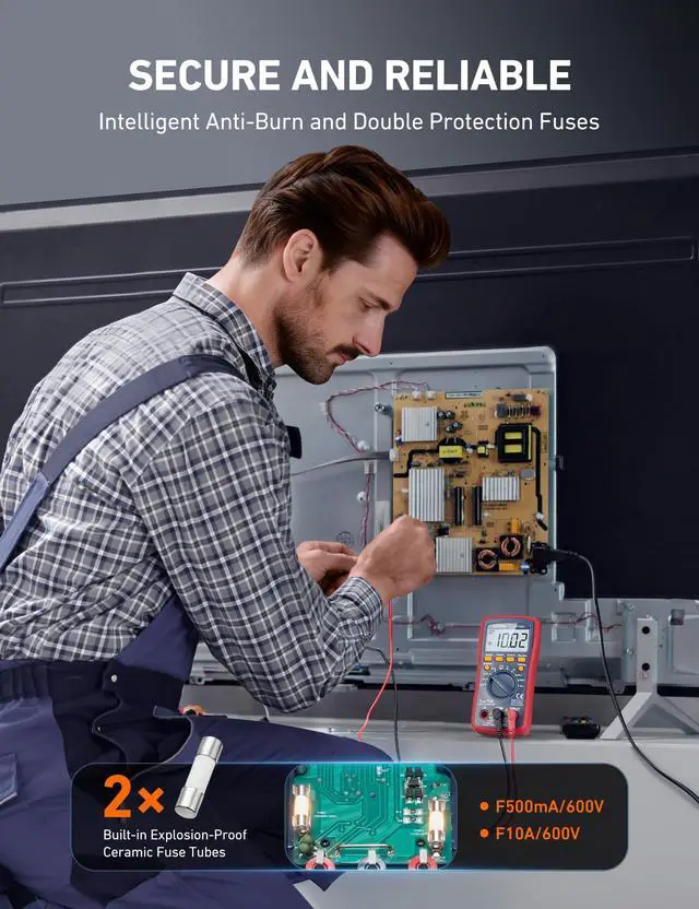 Alt view image 7 of 7 - Digital Multimeter, 4000 Counts Volt Meter (Manual and Auto Ranging); Measures Voltage Tester, Current, Resistance, Continuity, Frequency; Tests Diodes, Temperature (Red)