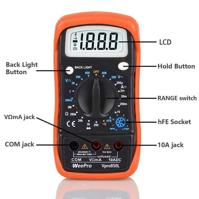 Alt view image 2 of 7 - Vpro850L Digital Multimeter DC AC Voltmeter, Ohm Volt Amp Test Meter, Electric Tester Ohmmeter with Diode and Continuity Detector, Backlit Display and Insulated Rubber Case Kickstand