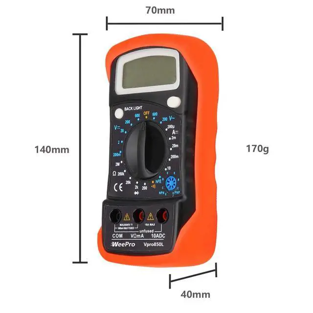 Alt view image 7 of 7 - Vpro850L Digital Multimeter DC AC Voltmeter, Ohm Volt Amp Test Meter, Electric Tester Ohmmeter with Diode and Continuity Detector, Backlit Display and Insulated Rubber Case Kickstand