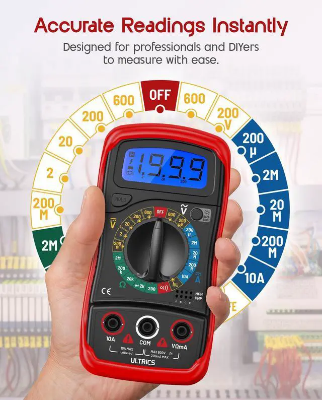 Alt view image 2 of 7 - Digital Multimeter, Voltmeter Ammeter Ohmmeter with Test Leads Backlight LCD Display, Multi Tester Measures OHM AC DC Voltage Current Resistance Circuit Continuity Diodes Electric Tester