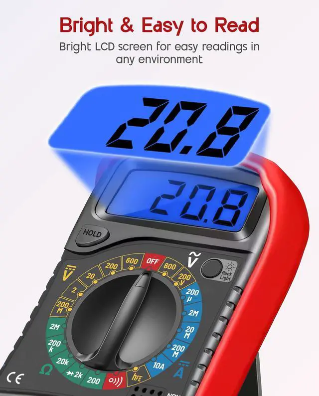 Alt view image 5 of 7 - Digital Multimeter, Voltmeter Ammeter Ohmmeter with Test Leads Backlight LCD Display, Multi Tester Measures OHM AC DC Voltage Current Resistance Circuit Continuity Diodes Electric Tester