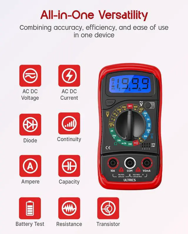 Alt view image 4 of 7 - Digital Multimeter, Voltmeter Ammeter Ohmmeter with Test Leads Backlight LCD Display, Multi Tester Measures OHM AC DC Voltage Current Resistance Circuit Continuity Diodes Electric Tester