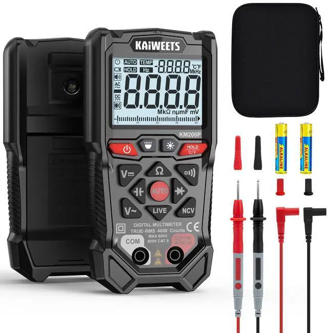 Main image of KM200P Digital Multimeter, All Button Operation, TRMS Auto Ranging, 4000 Counts, NCV, Voltmeter Ohmmeter, Fast & Accurate Measure AC/DC Voltage, Resistance, Continuity, Capacitance