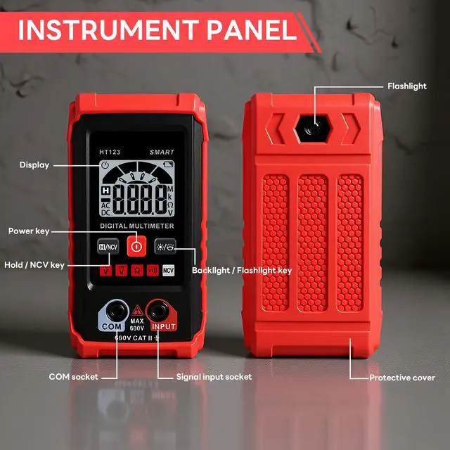 Alt view image 7 of 7 - HT123 Digital Multimeter, Automatic AC DC Voltmeter, Non Contact Voltage Tester, Smart Voltage Resistance Tester Multi Meter, Auto-Ranging, Sound & Light Alarms