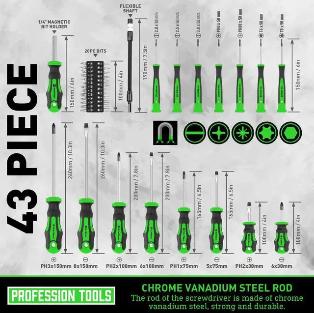 Alt view image 5 of 7 - Magnetic Screwdrivers Set with Case, 43-piece Includs Slotted, Phillips, Hex, Pozidriv,Torx and Precision Screwdriver Set, Magnetizer Demagnetizer Tools, Tools for Men (Green))