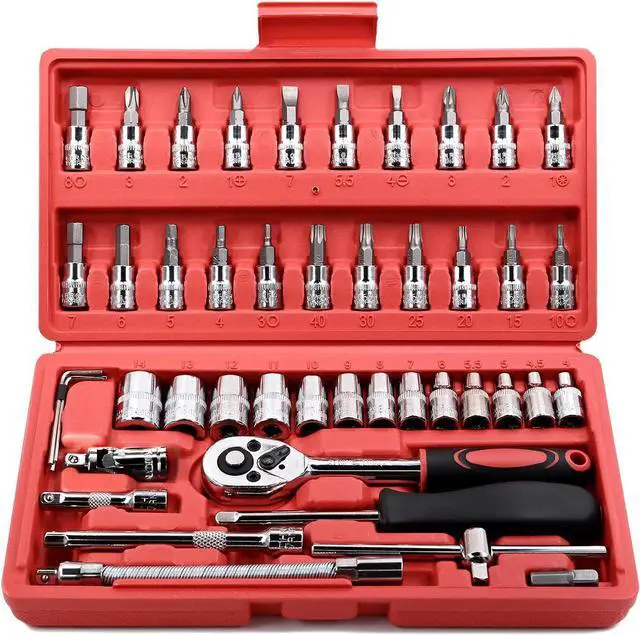 Main image of 46 Pieces 1/4 inch Drive Socket Ratchet Wrench Set, with Bit Socket Set Metric and Extension Bar for Auto Repairing and Household, with Storage Case
