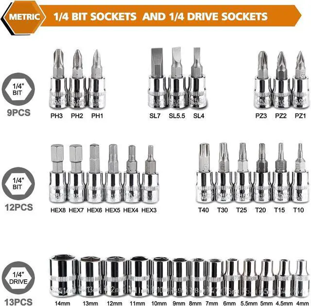 Alt view image 3 of 6 - 46 Pieces 1/4 inch Drive Socket Ratchet Wrench Set, with Bit Socket Set Metric and Extension Bar for Auto Repairing and Household, with Storage Case