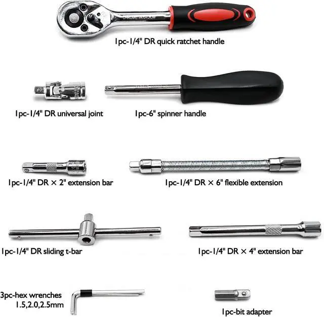 Alt view image 4 of 6 - 46 Pieces 1/4 inch Drive Socket Ratchet Wrench Set, with Bit Socket Set Metric and Extension Bar for Auto Repairing and Household, with Storage Case