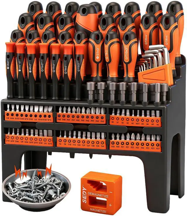 Main image of 124-Piece Magnetic Screwdriver Set with Plastic Racking, Precision Screwdrivers, Magnetizer, Demagnetizer, Allen Keys, Nut Drivers, Ratchet Handles, Sockets & More - DIY Tools for Men, Tools Gift